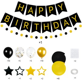 Black Gold Happy Birthday Banner, Metallic Birthday Balloons 30Pcs, Paper Circle Garland Swirl Streamers Stars for Large Happy Birthday Sign Photo Backdrop Birthday Banner Kit