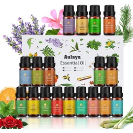 Essential Oils Set 18 x 10 ml, Tea Tree, Lavender, Eucalyptus, Frankincense, Lemongrass, Rosemary, Orange, Mint, Lemon, Bergamot, Ylang-Ylang, Grapefruit, Chamomile, Rose, Vanilla, Patchouli Sage
