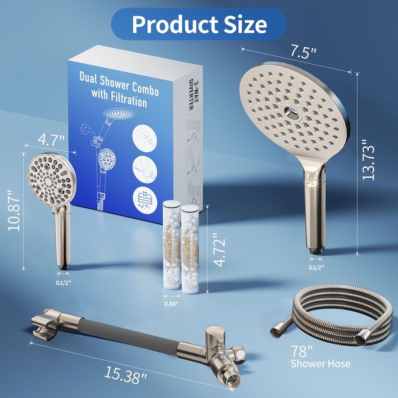 JONKEAN Dual Shower Heads with Handheld Spray Combo, 7.5" Big