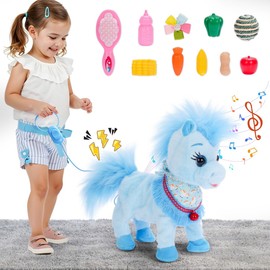 Ylpaprm Blue Interactive Walking Singing Pony, Talking Musical Dancing Pony with Leash, Electric Plush Pony Horse Pet Toy for Toddler, Nod Lick Wag Repeat What You Say, 3+ Girl Boy Kid