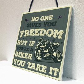 RED OCEAN Biker Freedom Motorbike Man Cave Hanging Plaque Garage Vintage Gift Motorcycle Sign