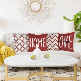 YCOLL Cushion Covers, Set of 4, Linen, Decorative, Geometric Pattern, Cushion Covers for Sofa, Bedroom, Couch, Outdoor Cushions, 50 x 50 cm, Red