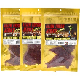 Alien Fresh Jerky - Spicy Trio Variety Bundle | Road Kill Original - Southwest Hot - Extreme Hot | Premium Beef - Low Calorie Snack - The Best Jerky In The Universe - Made In USA, 3 Pack Sampler Set