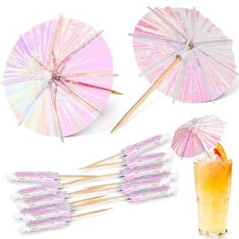 50 Pieces Drink Umbrellas Cocktail Picks Parasol Cocktail Umbrellas Sticks with Wood Toothpicks for Summer Rainbow Lemon Cupcake Toppers Umbrella Handmade Sticks Summer Hawaiian Party (Fluorescent)