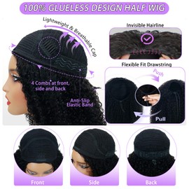 CanaryFly Half Wigs Afro Kinky Curly 3 In 1 Half Wigs Human Hair Seamless Kinky Curly Glueless Wig With Drawstring Human Hair 200% Density Wear And Go Wig Quick Install,Natural Black(20inch)
