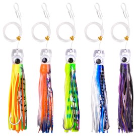 Fishing Trolling Bait Saltwater Fishing Bait, 5 Pieces Offshore Big Game Saltwater Trolling Bait for Mahi Tuna Marlin Dolphin Wahoo Deep Sea Fishing Lure Octopus Squid Skirts Rigged Hooks