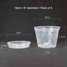 Greenology 16cm / 6" Pack of 5 Orchid Flower Pots with Saucers and Side Drainage in Durable Soft Clear Plastic