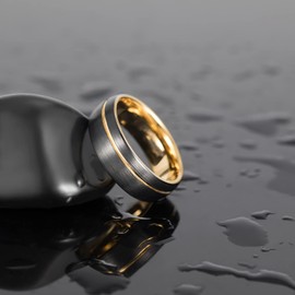 TRUMIUM 8mm Gold Tungsten Carbide Rings Black Mens Wedding Band Groove Center Ring Beveled Edges Comfort Fit Size 9