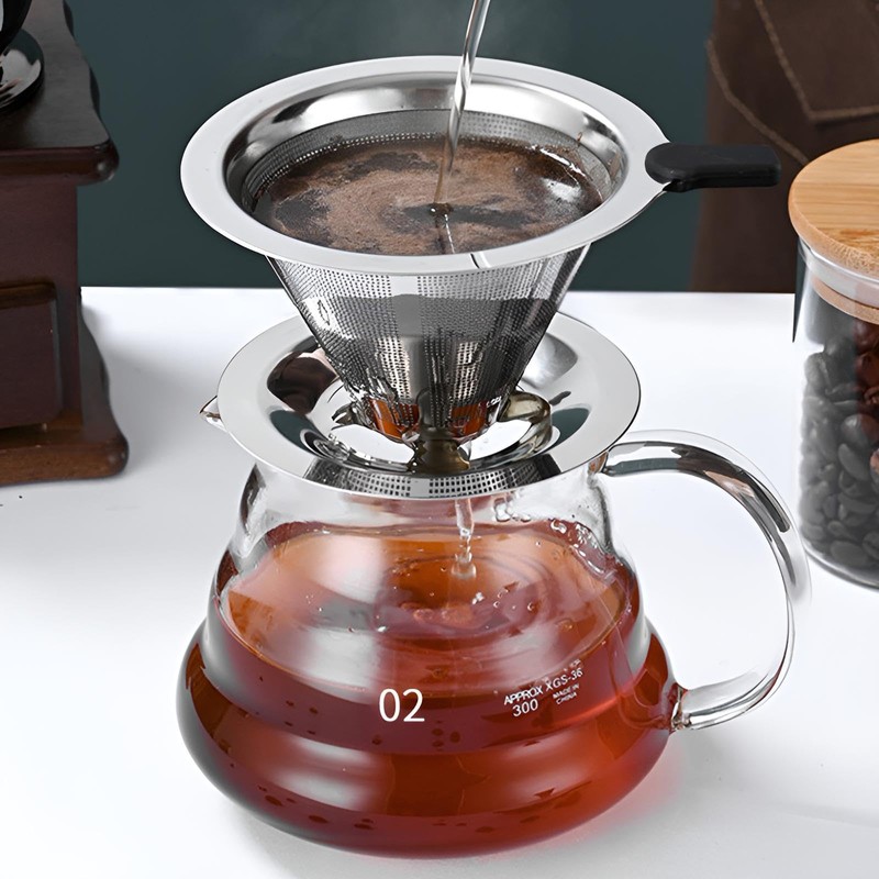 Stainless Steel Pour Over Coffee Filter Cone with Stand, Reusable
