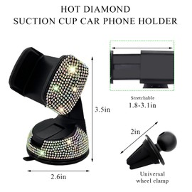 Wevdn Phone Holder for Car, 360° Rotatable Sparkling Diamond Phone Mount with Suction Cup Base, Rhinestone Phone Holder for Dashboard Air Vent Windshield, Universal Car Accessories (Colorful)