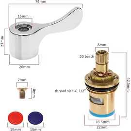 2 Sets Quarter Turn Tap Valves Cartridges with Metal Lever Heads Universal 1/2" Replacement Tap Valves Brass Ceramic Disc Cartridges Insert Set for Kitchen Bathroom Faucet Bid Tap (Cold & Hot)