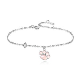 K.L.Y Women's Cat Paw Bracelet, 925 Silver, Pink Crystal, Zirconia CZ, Hypoallergenic, Sterling Silver, Cute, Cat Bangle, Bracelet, Popular, Anniversary, Gift, Stone Silver Metal, Cubic Zirconia