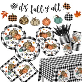 142pcs Fall Dinnerware,Black White Buffalo Plaid Pumpkins Fall Plaid Paper Plates Napkins and Cups Supplies for Autumn Thanksgiving It's Fall Y'all Party Decorations