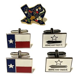 SUREG Texas Cufflinks - Texas Flag & Gonzales Battle Flag Come and Take It with Texas Map Design Hat Pin - 2 Set of Cufflinks and a Texas Map Pin