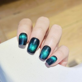 Press on nail,Fantasticlady Press on nail,Emerald Cat Eye Effect Press On Nails Short,Polar,Square,9D Magnetic,Reusable,Sparkle Glitter Glue Full Cover Glossy On Nails for Women & Girls