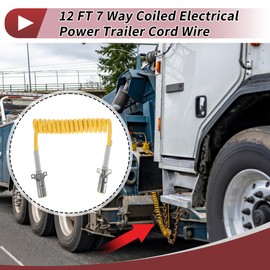 HEROFFIX 7 Way Coiled Electrical Power Trailer Cord Wire Male Plug Trailer Extension Cable for Semi Trucks Tractors 12 Feet Yellow Zinc Alloy