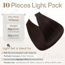 Elailite Tape Hair Extensions Real Human Hair 10 Pcs - Seamless Skin Weft Remy Natural Hair Extension Straight - #2 Dark Brown - 12 Inch 25g