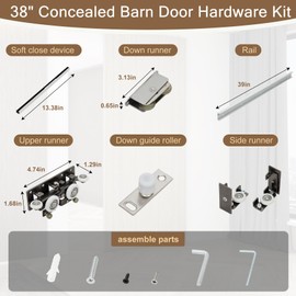 38" Concealed Sliding Barn Door Hardware Kit with Soft-Close Mechanism for 30"-34" Doors- Wall Mount No-Floor Aluminum Track for Interior Wooden Doors Hidden Barn Door Hardware Kit (Door Not Included)