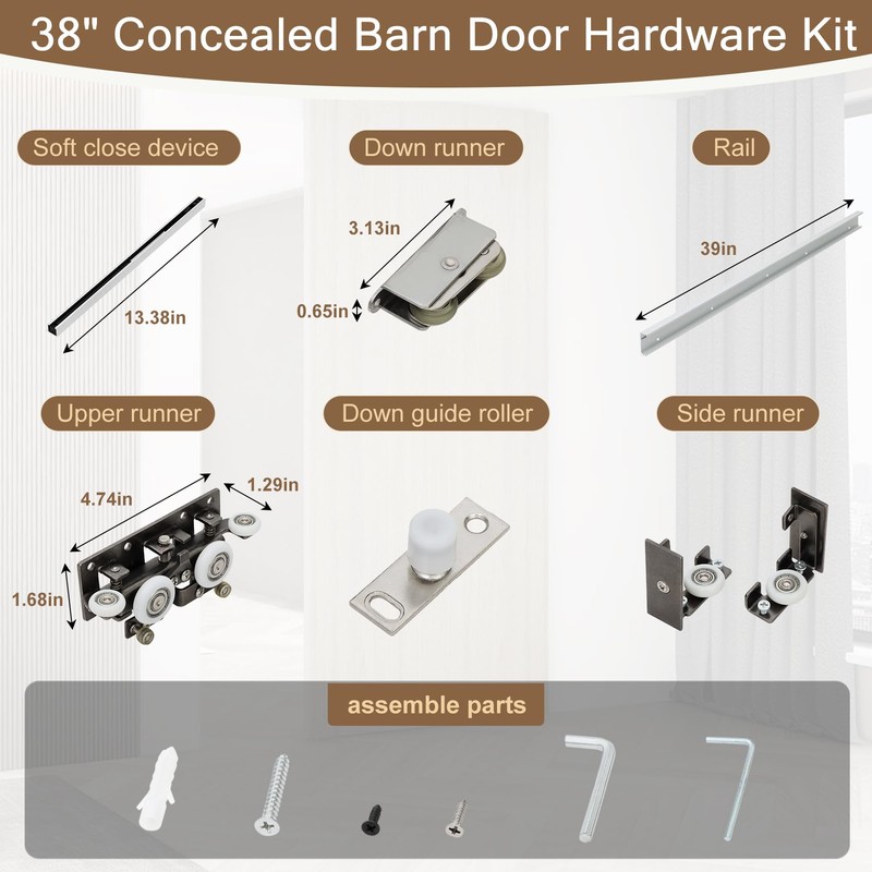 38" Concealed Sliding Barn Door Hardware Kit with Soft-Close Mechanism