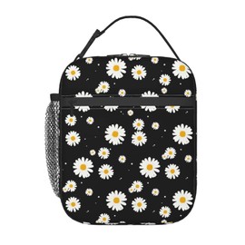 biondbong Black Daisy Flower Lunch Box Insulated Floral Lunch Bag for Women Men Reusable Portable Cooler Thermal Bag Leakproof Tote Lunchbox for Adults Office Work Picnic Travel