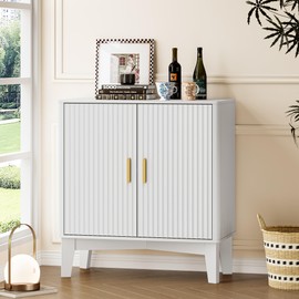 BORNOON Storage Cabinet with Doors and Adjustable Shelf, Modern Fluted Sideboard Buffet Cabinet, Freestanding Coffee Bar for Kitchen, Pantry, Entryway, Living Room (White)