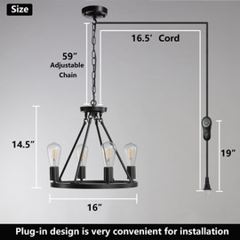 4-Light Plug in Chandelier with Dimming and Timer Switch,Black Wagon Wheel Round Metal Chandelier,Hanging Light with 16.5ft Cord,Modern Industrial outdoor light fixture for gazebo,Bedroom,Dining Room