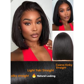 Julia Hair 12 Inch Yaki Straight Bob Wig 13x4 HD Pre-Cut Lace Front Wig Put On and Go Glueless Short Bob Wig Pre Everything Pre Plucked Hairline Bleached Bye Bye Knots with Ear Tape Ready to Go