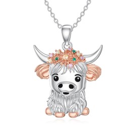 PROESS Highland Cow Necklace 925 Sterling Silver Cow Necklace Highland Cow Jewellery Scottish Highland Cow Pendant Highland Cow Gifts for Girls Women, Sterling Silver, Cubic Zirconia