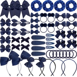 Hotop 56 Pcs School Uniform Hair Bows Set Round Tail Bow Elastic Hair Band Hair Clip Rib Bow Double Hairball Scrunchie Solid Bow Head Band Barrettes for Little Teen Toddler Girls (Navy Blue)