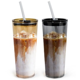 Icesip 24oz Drinking Glasses Cups Set of 2 Leak Proof Iced Coffee Glass Tumbler with Lid Straw Glassware for Juice Coffee Smoothie Boba Tea(Gray & Amber)