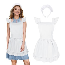 Aspire Retro Ruffle Apron with Headband, Adjustable Kitchen Cooking Apron for Girls, Vintage Baking Apron Kid's Maid Costume