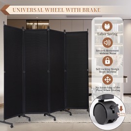 Room Divider Folding Privacy Screens with Wheels, 6FT Tall Divider for Room Separation, Movable Room Partitons and Dividers, Indoor Room Dividers Panel with Fabric for Office (Black, 4 Panel-88‘’)