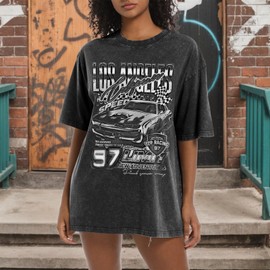 Pairxily Oversized Graphic Tees for Women Baggy Streetwear Preppy Shirts for Teens Race Car Checkered Flag Drop Shoulder Top(Black,L)