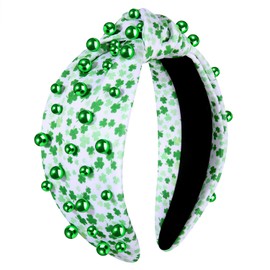 MOLOCH St.Patrick's Day Headband for Women Beads Printed Lucky Clover Knotted Headband Green Crystal Jeweled Top Knot Headband Irish Shamrock Hairband St.Patricks Day Gifts