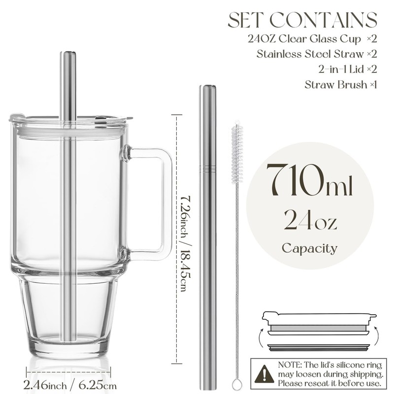 KEMORELA 24oz Clear Glass Tumbler with Handle, Lid & 13mm