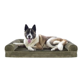 Furhaven Cooling Gel Dog Bed for Large Dogs w/ Removable Bolsters & Washable Cover, For Dogs Up to 95 lbs - Faux Fur & Velvet Sofa - Dark Sage, Jumbo/XL