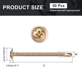 sourcing map 50Pcs #8x2" Phillips Head Self Tapping Screws, Carbon Steel Self Drilling Flat Head High-Strength Quick Tapping Screws Wood Screw for Wood, Metal, Plastic, Color Zinc