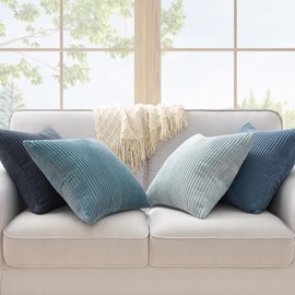 Topfinel Decorative Throw Pillow Covers Aque Teal Blue Gray Series,Summer Corduroy Striped Toss Pillows for Couch,Patio,Balcony,Children Bedroom,Modern Fluffy Blue Gradient Shams 20x20 Inch Set of 4