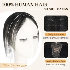 S-noilite Bangs Hair Clip,360° 3D Cover Real Clip in Bangs Human Hair Toppers for Women With Side Bang Daily Wear Jet Black