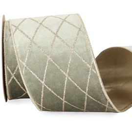 Ribbli Dusty Green Velvet Ribbon Wired with Glitter Diamond Grid 4 Inch Christmas Ribbon for Christmas Tree Decoration Big Bow Gift Wrapping Crafts Wreaths Garland Supplies - 10 Yards