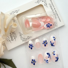 24Pcs Blue Flower Press on Nails Medium Almond Fake Nails White French Tip False Nails with Gold Rhinestones Design Nude Full Cover Artificial Glue on Nails Spring Summer Stick on Nails for Women DIY