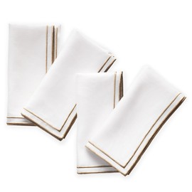 Linen Dinner Napkins Set of 4-100% Pure Linen White Napkins with Embroidered Gold Edge 20 x 20 inch - Embroidered Napkins Cloth Washable for Spring and Easter Decor