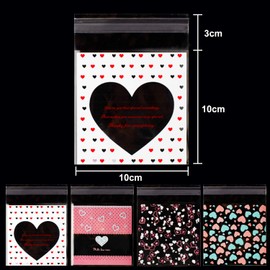 Whaline 400 Pieces Valentine Cellophane Bags Cookie Treat Bags, Heart Self-Adhesive Clear Plastic Candy Bags Party Favor Gifts Goodies Bags, 4 Styles