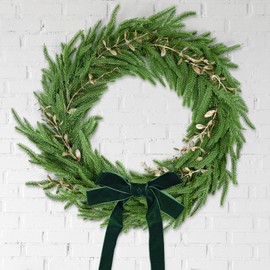 Christmas Norfolk Pine Wreath, Realistic Christmas Wreath for Front Door with Golden Leaves and Green Velvet Bows, 13.7" Winter Cedar Wreaths for Wall Windows, Xmas Decoration Outdoor Indoor