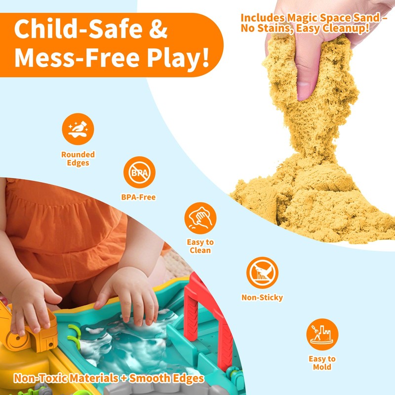 RISUNTOY Construction Sandbox with 4 Trucks & Sand/Water Play-Foldable Portable