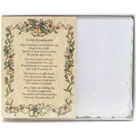 Wedding Handkerchief Poetry Hankie (for Bride's Grandmother) White, Lace Embroidered Bridal Keepsake, Beautiful Poem | Long-Lasting Memento for The Bride’s Grandma | Includes Gift Storage Box