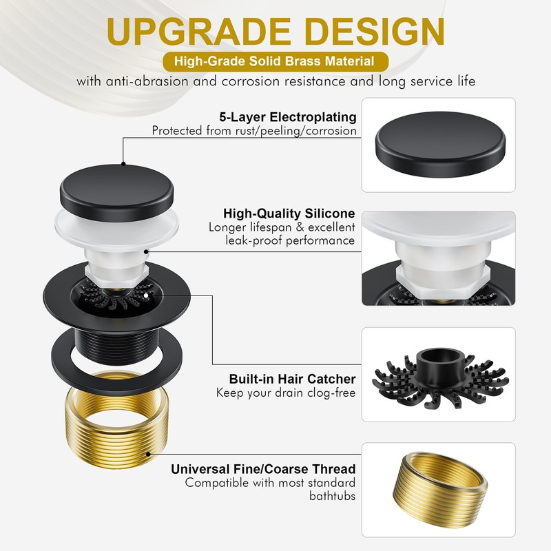 Yaseingoo Matte Black Bathtub Drain Stopper and Overflow Kit, Solid