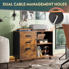 DEVAISE 3-Drawer Wood File Cabinet with Lock, Mobile Lateral Filing Cabinet, Printer Stand with Open Storage Shelves for Home Office, Rustic Brown