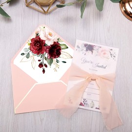 Doris Home 250 GSM 5 x7.3 inch Invitations Cards with Envelopes and Printed Inner Sheets Baby shower (Cream Animals) (Pink With Burgundy Flowers)