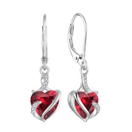 FJ Heart Dangle Drop Earrings 925 Sterling Silver Infinity Leverback Earrings Birthstone Jewelry Gifts for Women, Sterling Silver Cubic Zirconia, Created Ruby